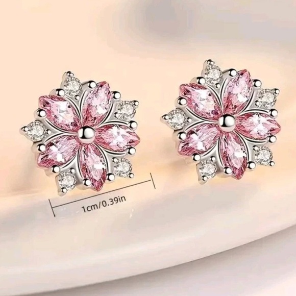 925 Silver Plated Pink Crystal Flower Stud Earrings Women Pink Flower Earrings - Picture 4 of 5